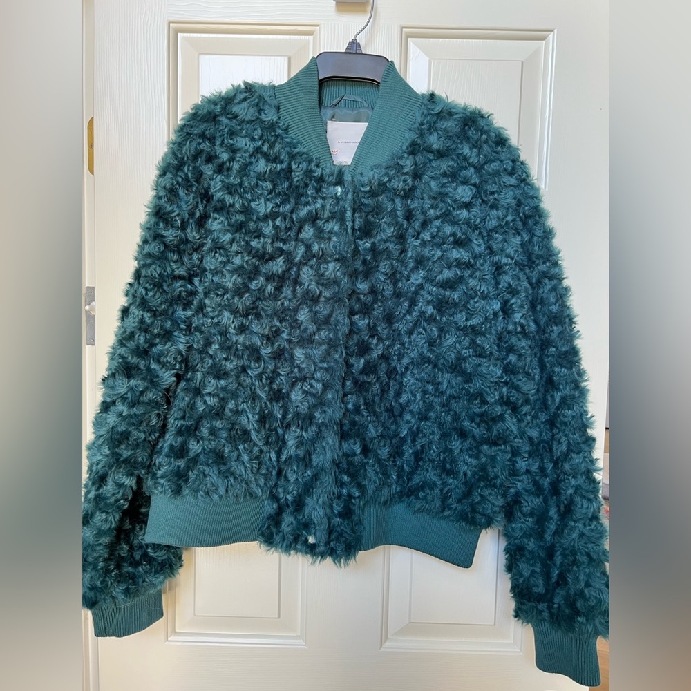 Anthropologie Curly Faux Fur Jacket in Teal. Like New. Oversized Large